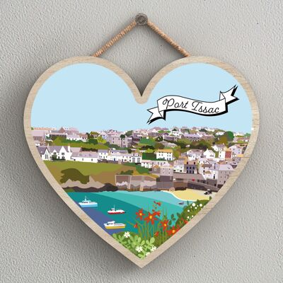 P7993 - Port Issac Works Of K Pearson Seaside Town Illustration Heart Hanging Plaque