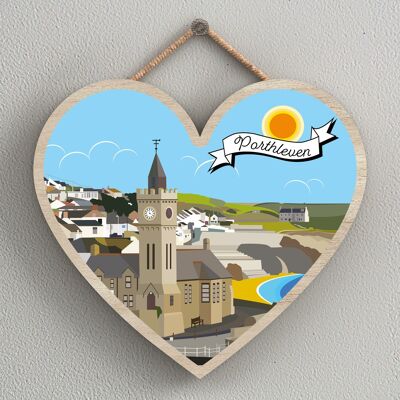 P7994 - Porthleven Opere di K Pearson Seaside Town Illustrazione Placca da appendere al cuore