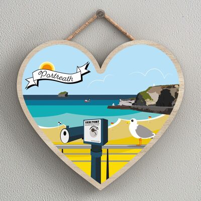 P7996 - Portreath Works Of K Pearson Seaside Town Illustration Heart Hanging Plaque