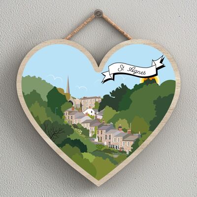 P8001 - St Agnes Works Of K Pearson Seaside Town Illustration Heart Hanging Plaque