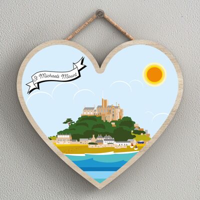 P8002 - St Michaels Mount Works Of K Pearson Seaside Town Illustration Heart Hanging Plaque