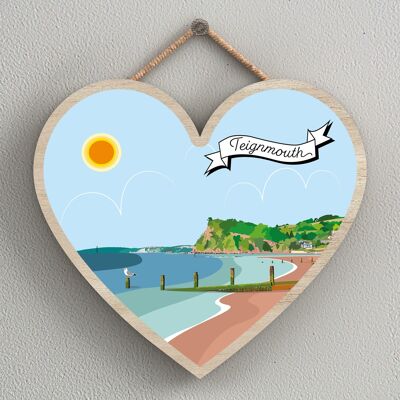 P8004 - Teignmouth Opere di K Pearson Seaside Town Illustration Heart Hanging Plaque