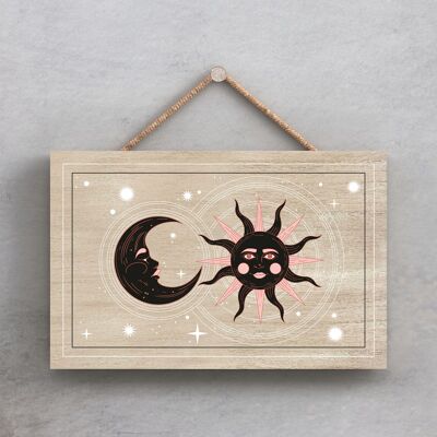 P8037 - Targa da appendere in legno a tema zodiacale con simbolo del sole e della luna