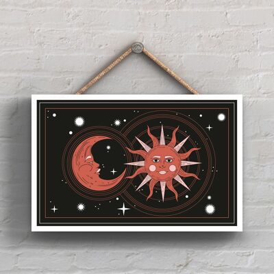 P8038 - Targa da appendere in legno a tema zodiacale con simbolo del sole e della luna