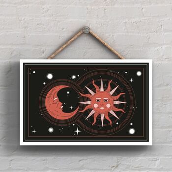 P8038 - Zodiac Sun And Moon Symbol Star Sign Calander Plaque à suspendre en bois sur le thème 1