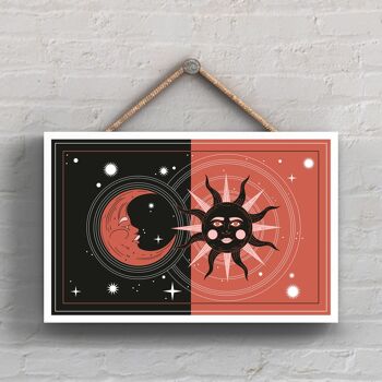 P8039 - Zodiac Sun And Moon Symbol Star Sign Calander Plaque à suspendre en bois sur le thème 1