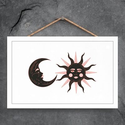 P8040 - Placa colgante de madera con diseño de calandria con símbolo del sol y la luna del zodiaco