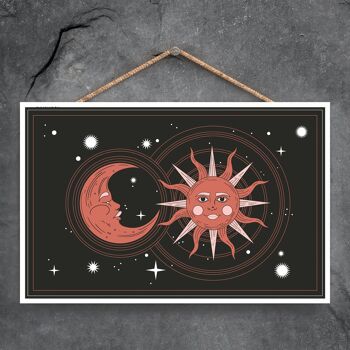 P8041 - Zodiac Sun And Moon Symbol Star Sign Calander Plaque à suspendre en bois sur le thème 1