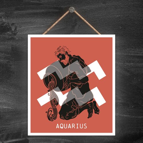 P8044 - Aquarius Terracotta Zodiac Symbol Star Sign Calander Themed Wooden Hanging Plaque