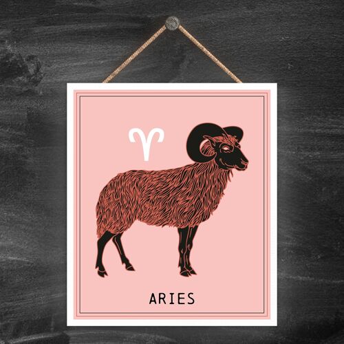 P8045 - Aries Dusky Pink Zodiac Symbol Star Sign Calander Themed Wooden Hanging Plaque