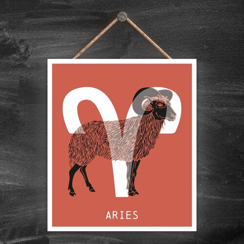 P8046 - Aries Terracotta Zodiac Symbol Star Sign Calander Themed Wooden Hanging Plaque