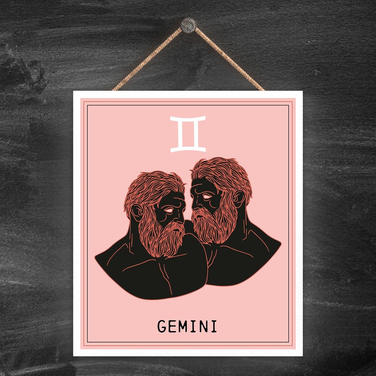 P8051 - Gemini Dusky Pink Zodiac Symbol Star Sign Calander Themed Wooden Hanging Plaque