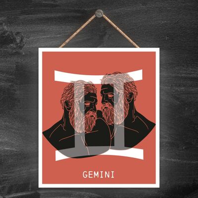 P8052 – Gemini Terracotta Zodiac Symbol Star Sign Calander Themed Wooden Hanging Plaque