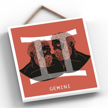 P8052 - Gemini Terracotta Zodiac Symbol Star Sign Calander Plaque à suspendre en bois sur le thème 2
