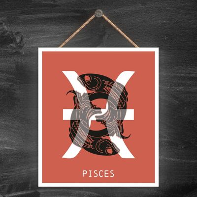 P8058 - Pisces Terracotta Zodiac Symbol Star Sign Calander Themed Wooden Hanging Plaque