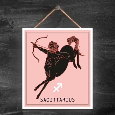 P8059 - Placa colgante de madera con diseño de calandria con símbolo del zodiaco rosa oscuro de Sagitario