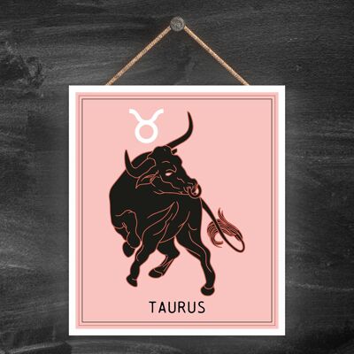 P8064 - Placa colgante de madera con diseño de calandria con símbolo del zodiaco rosa oscuro de Tauro