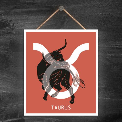 P8065 - Taurus Terracotta Zodiac Symbol Star Sign Calander Themed Wooden Hanging Plaque