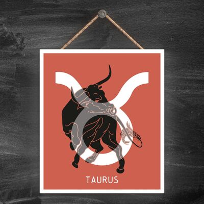 P8065 - Taurus Terracotta Zodiac Symbol Star Sign Calander Themed Wooden Hanging Plaque