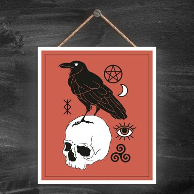P8070 - Witchcraft Raven On Skull Symbol Star Sign Calander Themed Wooden Hanging Plaque