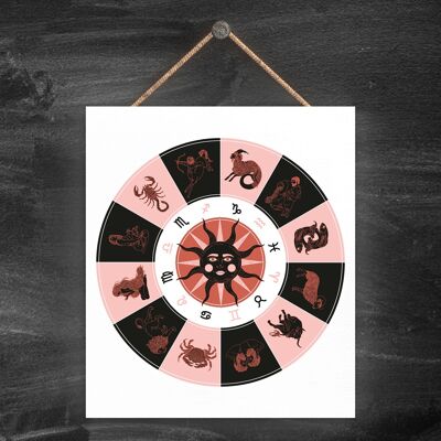 P8073 - Zodiac Wheel Dusky Pink Symbol Star Sign Calander Themed Wooden Hanging Plaque