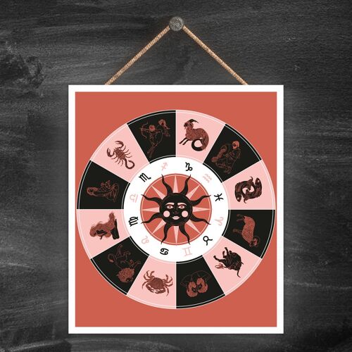 P8074 - Zodiac Wheel Terracotta Symbol Star Sign Calander Themed Wooden Hanging Plaque