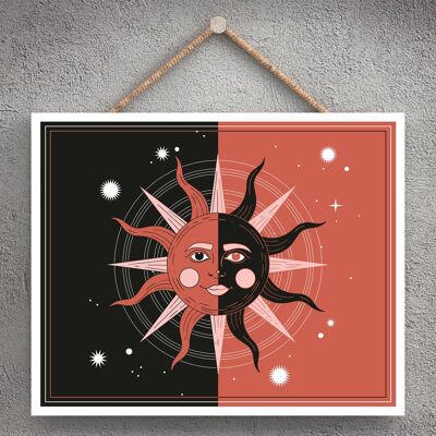 P8077 - Placa colgante de madera con diseño de calandria de signo de estrella de símbolo negro y terracota del sol del zodiaco