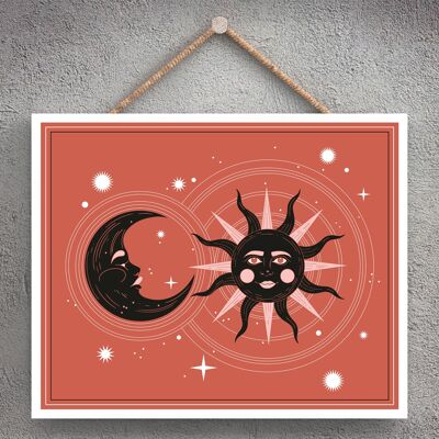 P8078 - Placa colgante de madera con diseño de calandria con símbolo de terracota del sol y la luna del zodiaco
