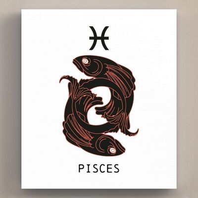 P8086 - Terracota de Piscis sobre pared de madera o placa de pie con símbolo del zodiaco blanco