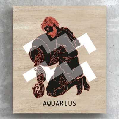 P8094 - Aquarius Terracotta On Brown Zodiac Symbol Star Sign Themed Wooden Wall or Standing Plaque