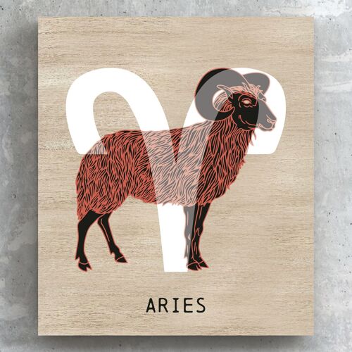 P8095 - Aries Terracotta On Brown Zodiac Symbol Star Sign Themed Wooden Wall or Standing Plaque