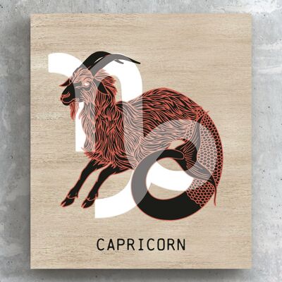 P8097 - Terracota de Capricornio sobre pared de madera o placa de pie con símbolo del zodiaco marrón