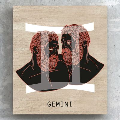 P8098 - Gemini Terracotta On Brown Zodiac Symbol Star Sign Themed Wooden Wall or Standing Plaque