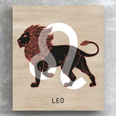 P8099 - Leo Terracotta On Brown Zodiac Symbol Star Sign Themed Wooden Wall or Standing Plaque
