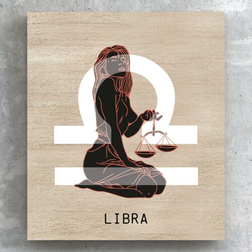 P8100 - Libra Terracotta On Brown Zodiac Symbol Star Sign Themed Wooden Wall or Standing Plaque
