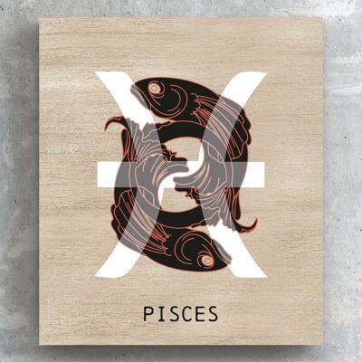 P8101 - Terracota de Piscis sobre pared de madera o placa de pie con símbolo del zodiaco marrón