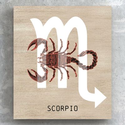 P8103 - Scorpio Terracotta On Brown Zodiac Symbol Star Sign Themed Wooden Wall or Standing Plaque