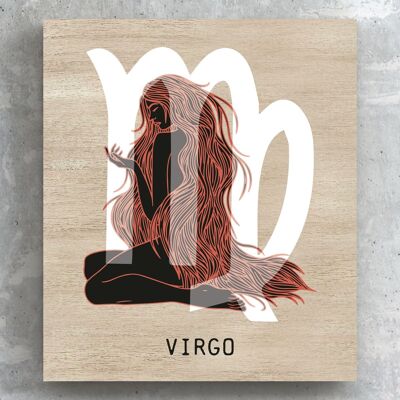 P8105 - Terracotta Vergine su parete in legno o targa in piedi con simbolo zodiacale marrone