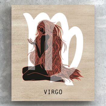 P8105 - Terre cuite de la Vierge sur le signe du zodiaque marron Symbole du zodiaque Plaque murale ou debout en bois sur le thème 1