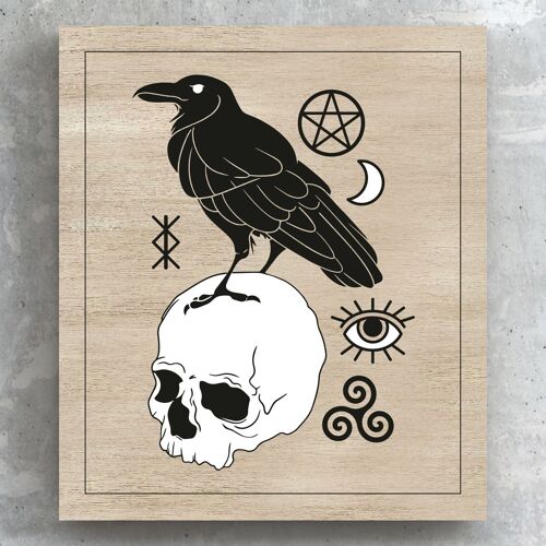 P8107 - Raven On Skull On Brown Zodiac Symbol Star Sign Themed Wooden Wall or Standing Plaque