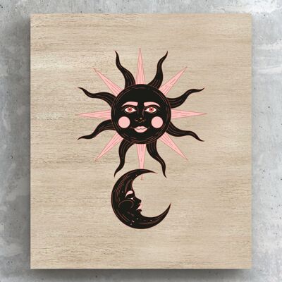 P8108 - Sun And Moon On Brown Zodiac Symbol Star Sign Themed Wooden Wall or Standing Plaque