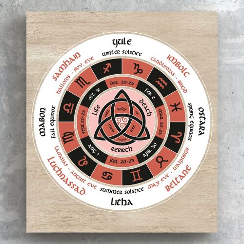 P8109 - Triquetra Calander On Brown Zodiac Symbol Star Sign Themed Wooden Wall or Standing Plaque