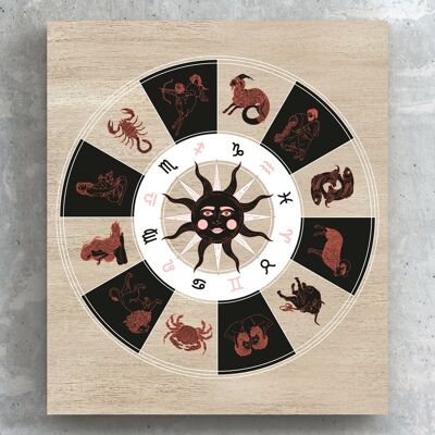 P8110 - Zodiac Wheel On Brown Zodiac Symbol Star Sign Themed Wooden Wall or Standing Plaque