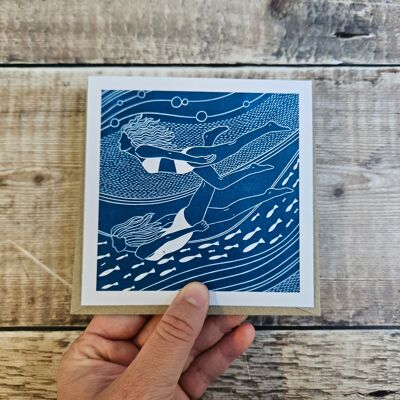 Flowing Friends - Blank greeting card with two friends swimming underwater among a shoal of fish