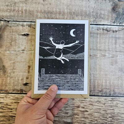 Moonlit Joy - Blank greeting card with a woman jumping into water
