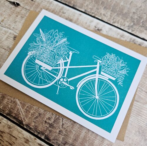 Gathering Blooms - Blank greeting card of a dutch step-through bike carrying flowers and plants