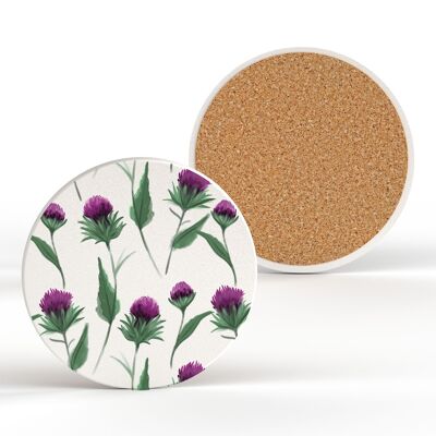 P8301 - Posavasos redondo de cerámica con ilustración de patrón de cardo Flor de Escocia