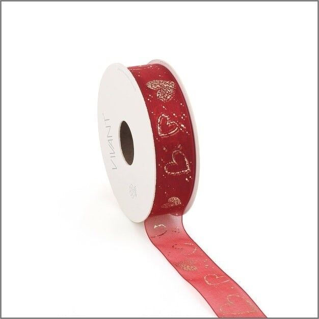 Organza ribbon - red - hearts - 25mm x 20 meters