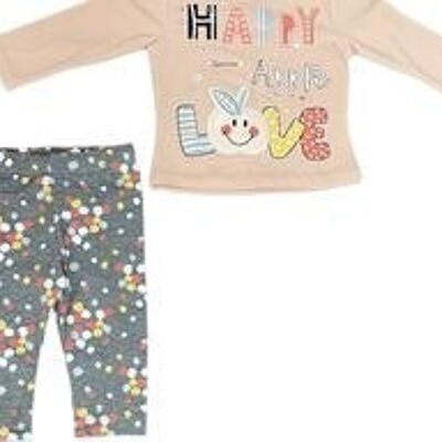 Girls Two Piece Long Sleeve T-Shirt Happy Apple | Apricot/ Gray