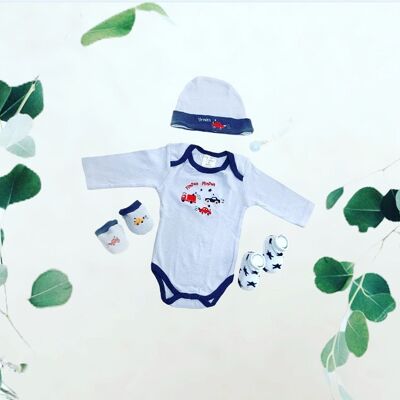 4-piece New Born set boys with car motifs | dark blue/blue